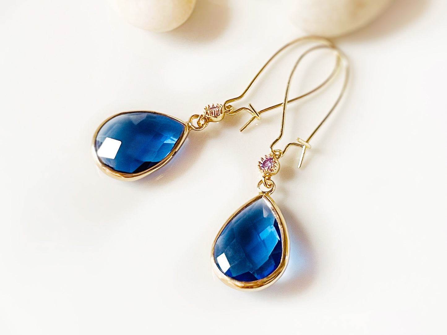 Large teardrop sapphire blue long dangle earrings gold, blue long drop earring, gift for her, bridal statement earring, September birthstone