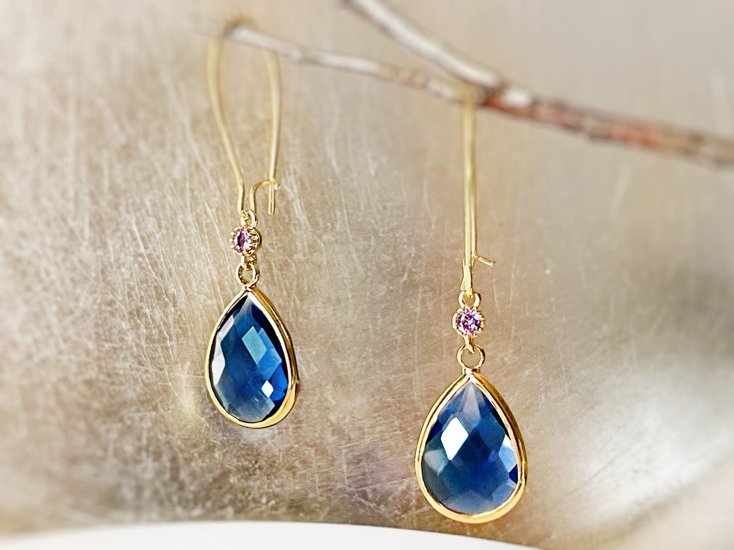 Large teardrop sapphire blue long dangle earrings gold, blue long drop earring, gift for her, bridal statement earring, September birthstone