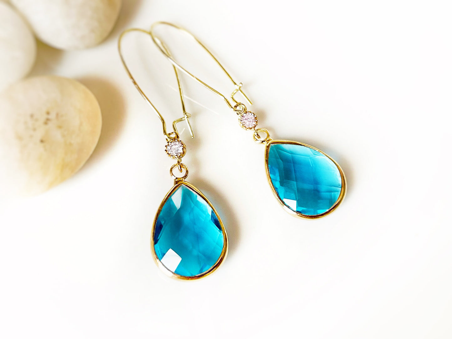 Large teardrop blue topaz long dangle earrings gold, blue long drop earring, gift for her, bridal statement earring, December  birthstone