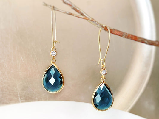 Large London blue long dangle earrings gold, blue long teardrop earring, gift for her, bridal statement earring, December birthstone