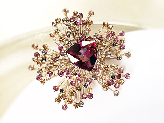 Large burgandy crystal starburst brooch pin, dark pink yellow statement crystal pin pendant, gift for mom, gift for her