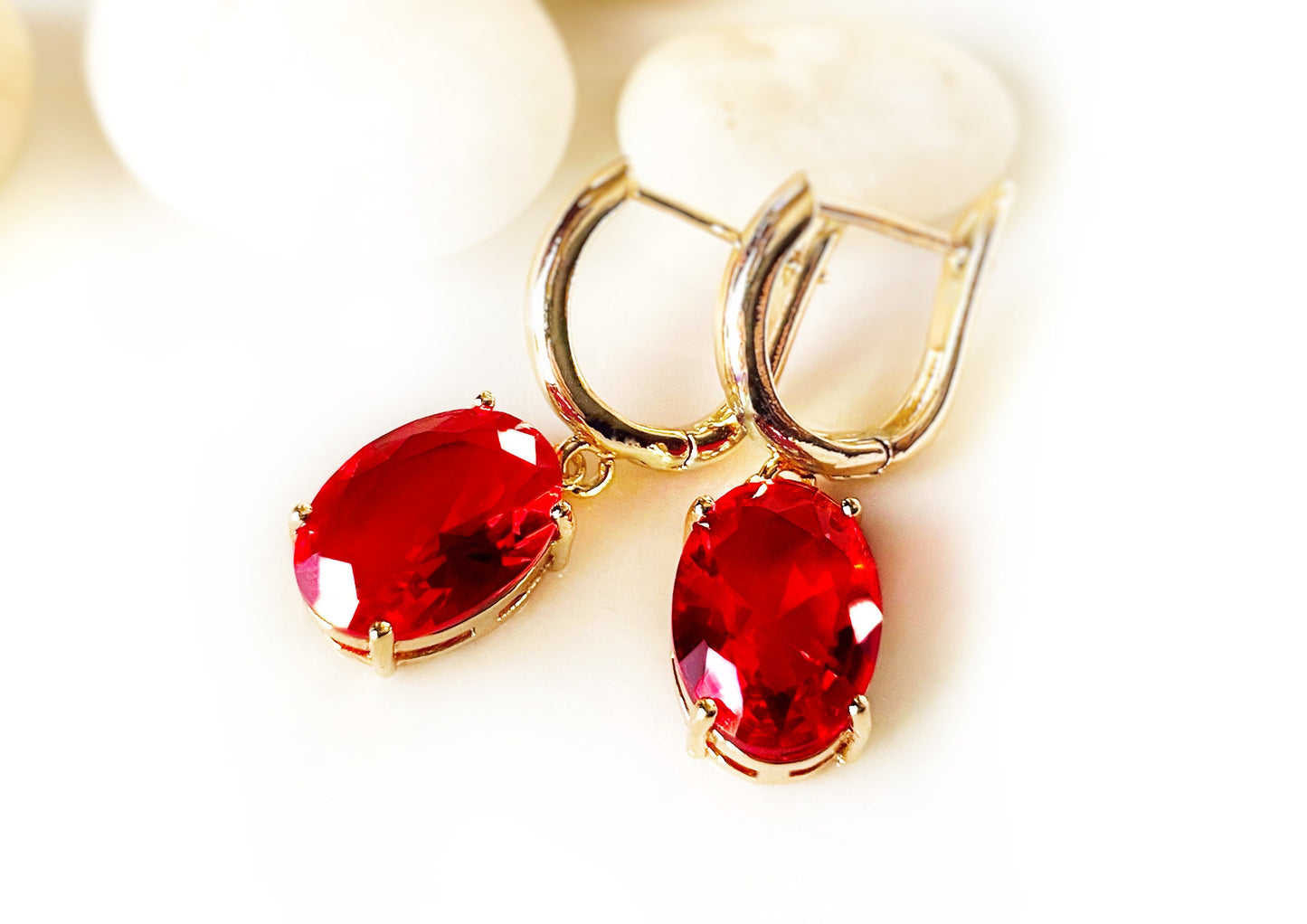 Large cushion cut ruby red dangling earrings, red dangle earrings, gift for her, gift for mom, bridal earrings, July birthstone