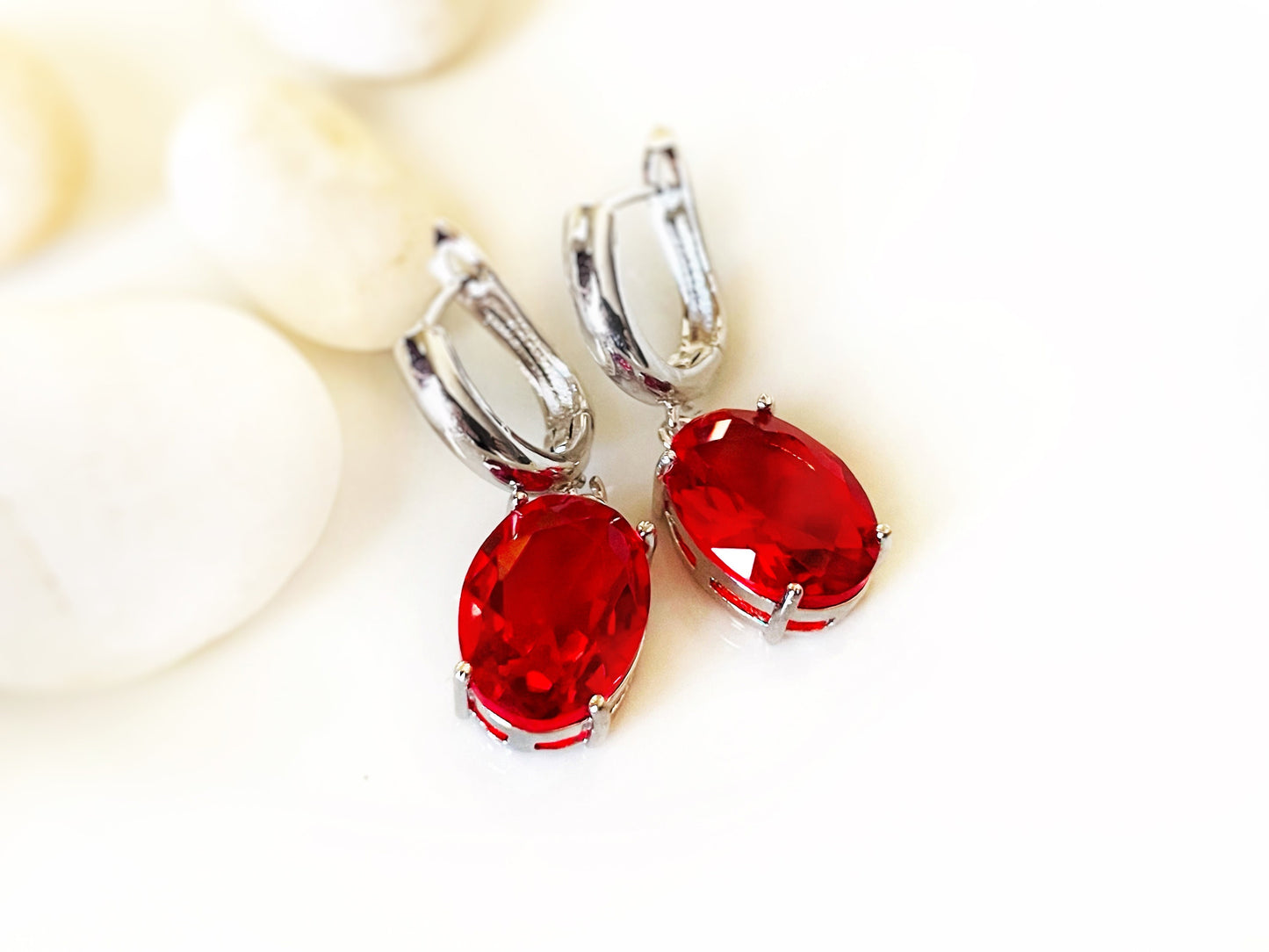 Large cushion cut ruby red dangling earrings, red dangle earrings, gift for her, gift for mom, bridal earrings, July birthstone