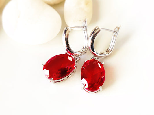 Large cushion cut ruby red dangling earrings, red dangle earrings, gift for her, gift for mom, bridal earrings, July birthstone