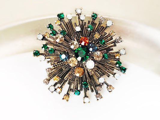 Rainbow crystal starburst  brooch pin, multicolored crystal statement pendant, gift for mom, gift for her