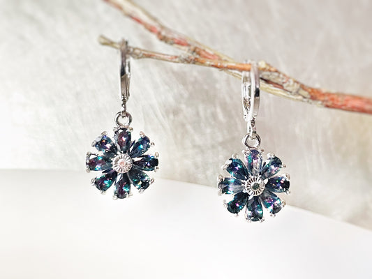 Mystic topaz flower dangle earrings, rainbow black gemstone daisy flower drop earrings, gift for mom, gift for her, June birthstone