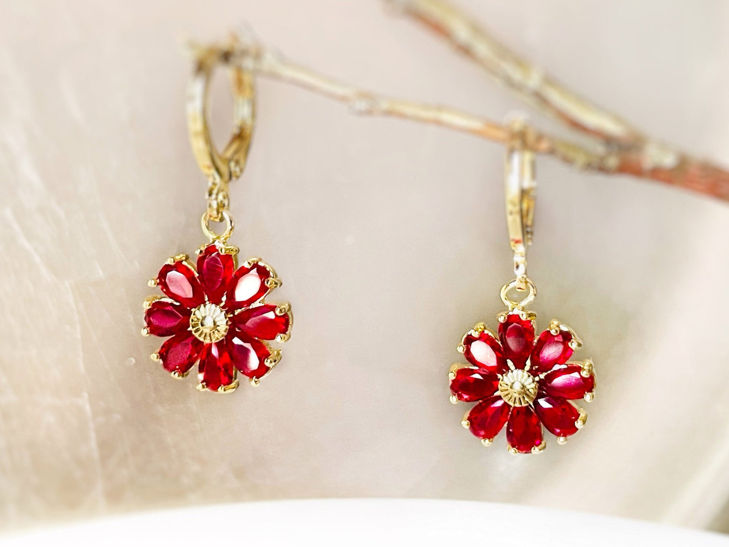 Ruby flower stud earrings 925 silver posts, red gemstone daisy flower stud earrings, July birthstone earrings, gift for mom, gift for her