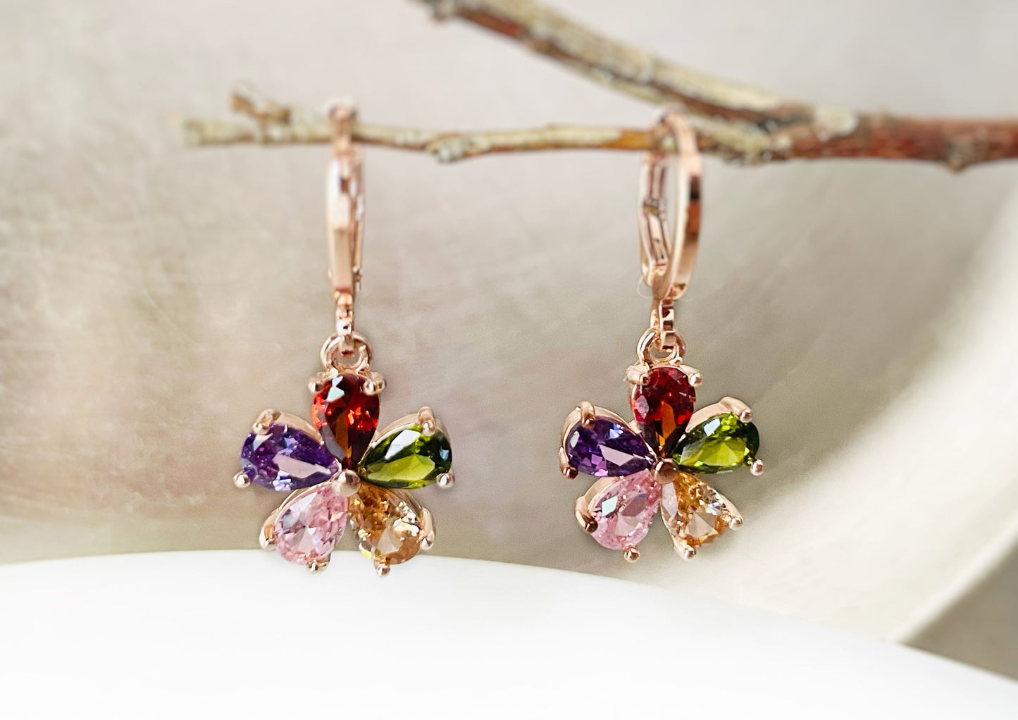 Multicolored flower dangle earrings rose gold, rainbows gemstone flower drop earrings, gift for her, gift for daughter