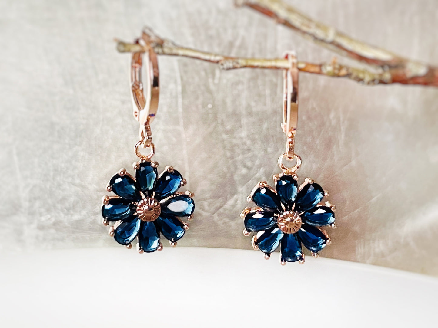 Blue sapphire flower dangle earrings, dark blue gemstone daisy floral earrings, September birthstone earrings, gift for mom, gift for her