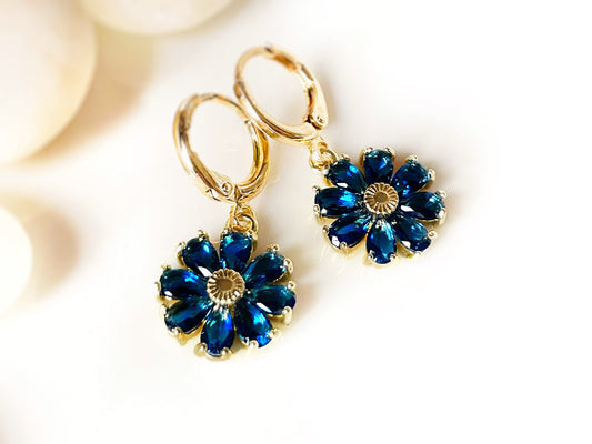 Blue sapphire flower dangle earrings, blue gemstone daisy floral earrings, September birthstone earring, gift for mom, gift for her