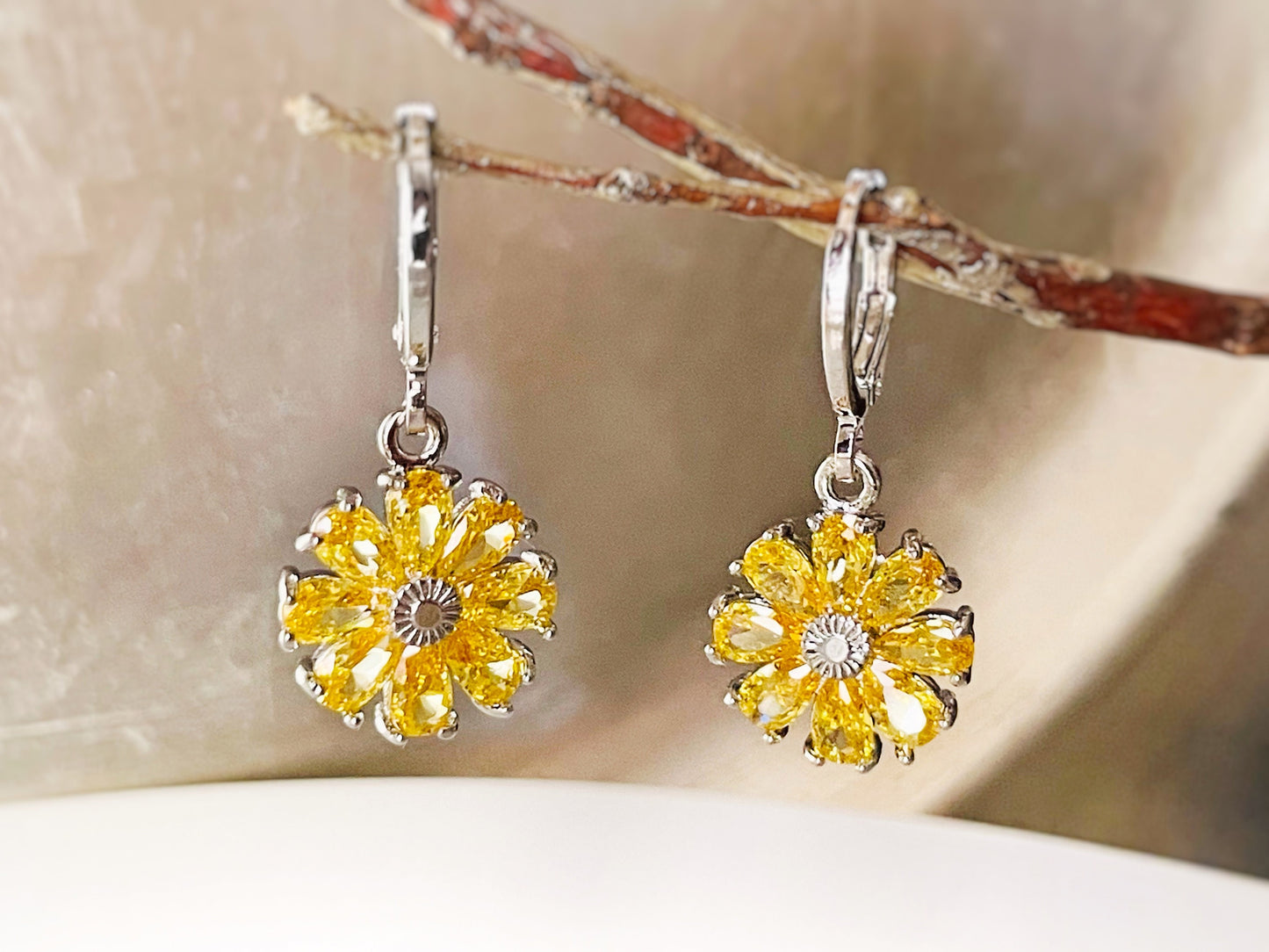 Citrine daisy leverback earrings, yellow gemstone flower earrings, November birthstone earrings, gift for mom, gift for her