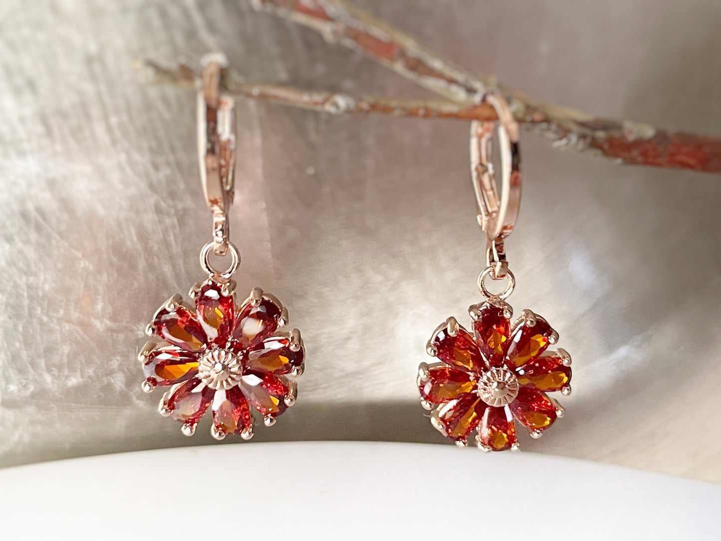 Garnet flower dangle earrings, red daisy flower drop earrings, January birthstone earrings , gift for mom, gift for her