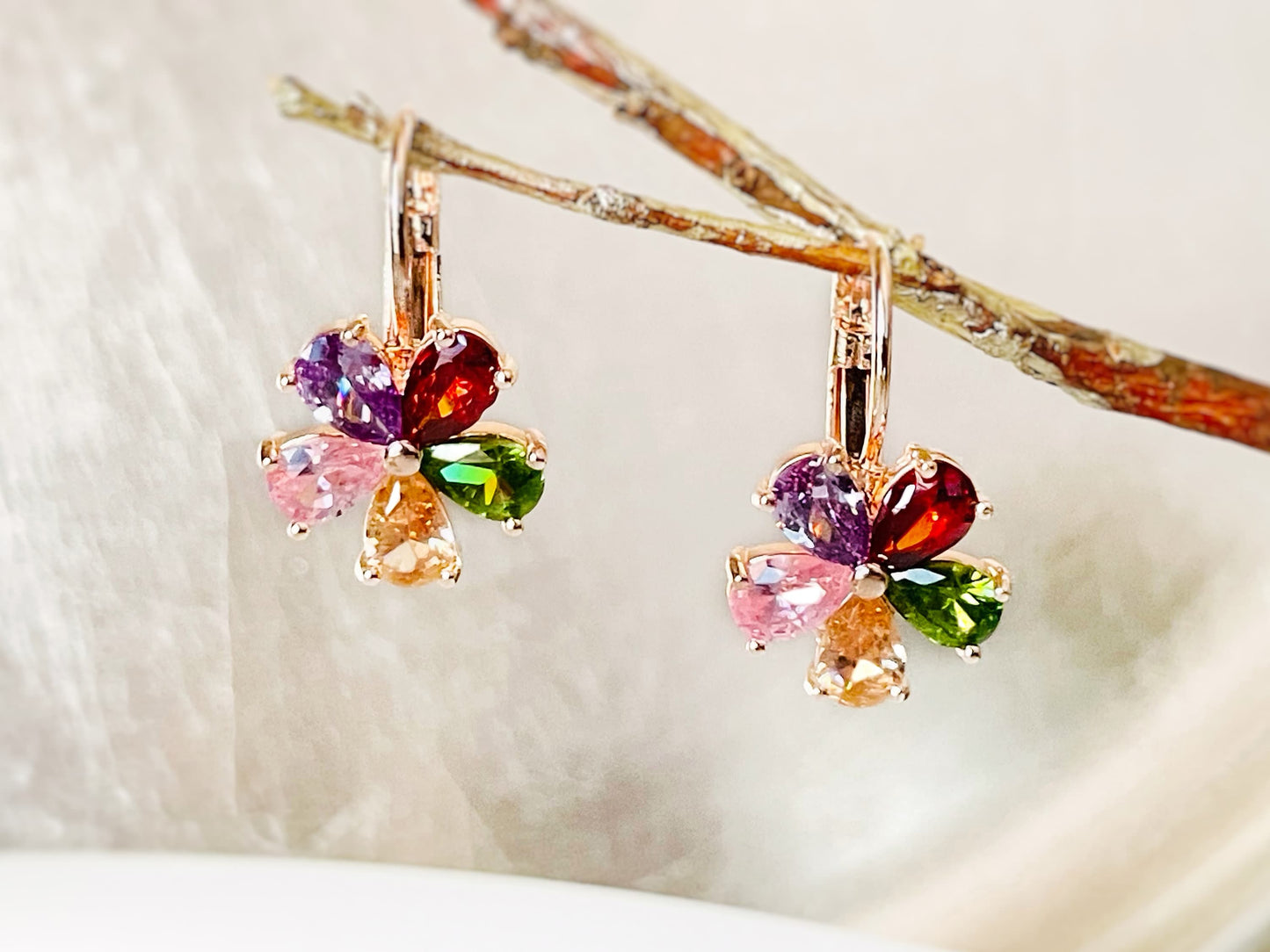 Multicolored flower dangle earrings rose gold, rainbows gemstone flower drop earrings, gift for her, gift for daughter