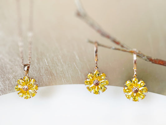 Citrine flower 2pc jewelry set, yellow gemstone daisy flower dangle earrings, citrine yellow earring necklace gift set, November birthstone