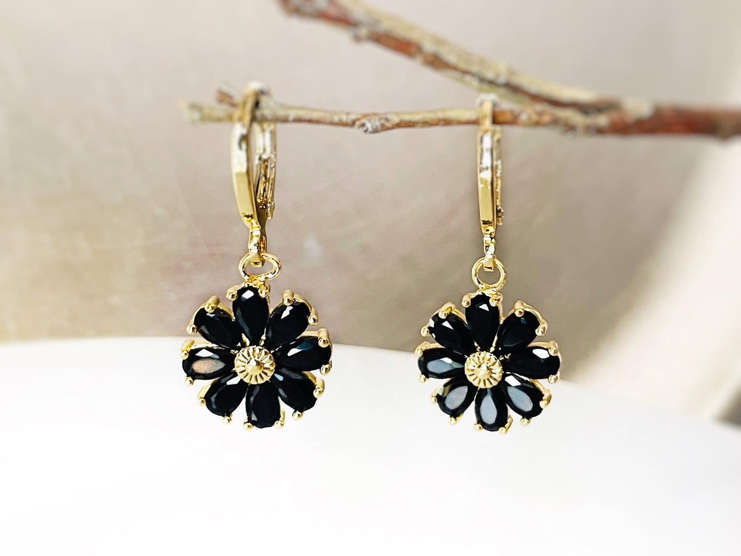 Onyx flower dangle earrings, black gemstone daisy flower earrings, small daisy flower leverback earrings, gift for mom, gift for her