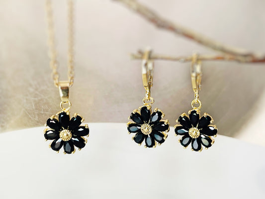 Onyx Daisy flower 2pc jewelry set