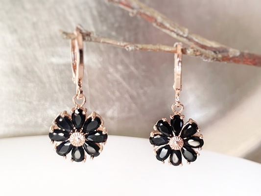 Onyx flower dangle earrings, black gemstone daisy flower earrings, small daisy flower leverback earrings, gift for mom, gift for her