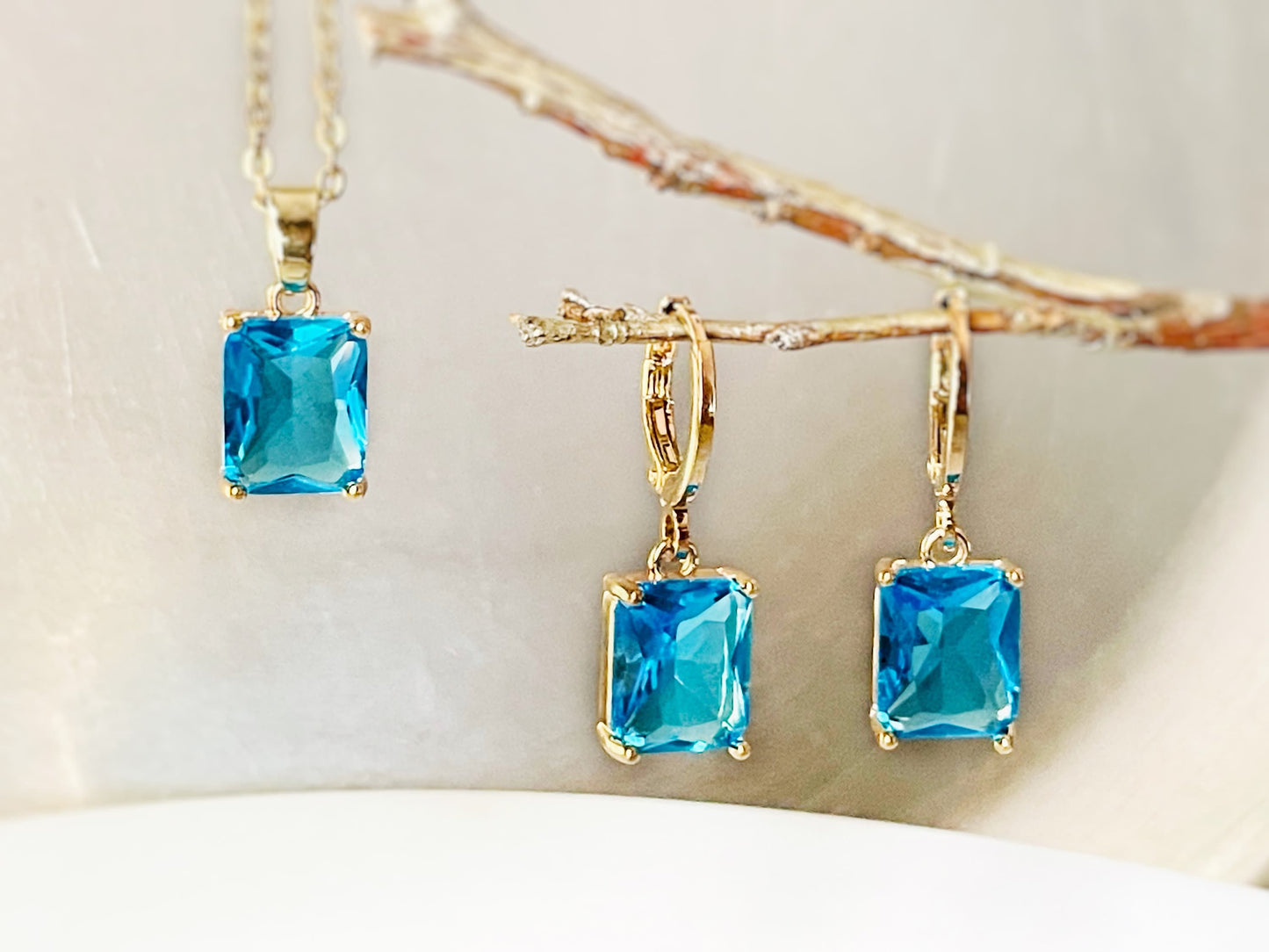 Small emerald cut blue topaz 2pc jewelry set, blue gemstone earring necklace set, December birthstone, gift for her, gift for girls