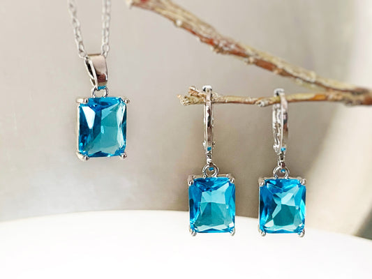 Small emerald cut blue topaz 2pc jewelry set, blue gemstone earring necklace set, December birthstone, gift for her, gift for girls