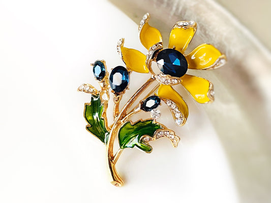 Sunflower crystals enamel brooch pin, blue sapphire crystal yellow flower brooch, red crystal yellow daisy pin, gift for her, gift for mom