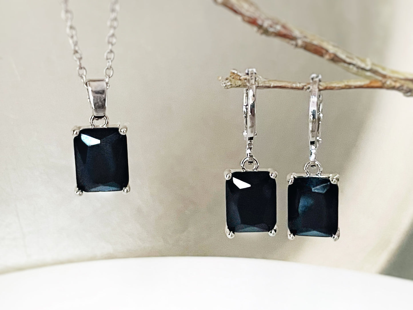 Small emerald cut onyx 2pc jewelry set, black gemstone earring necklace set, rectangular dangles, gift for women, gift for girls