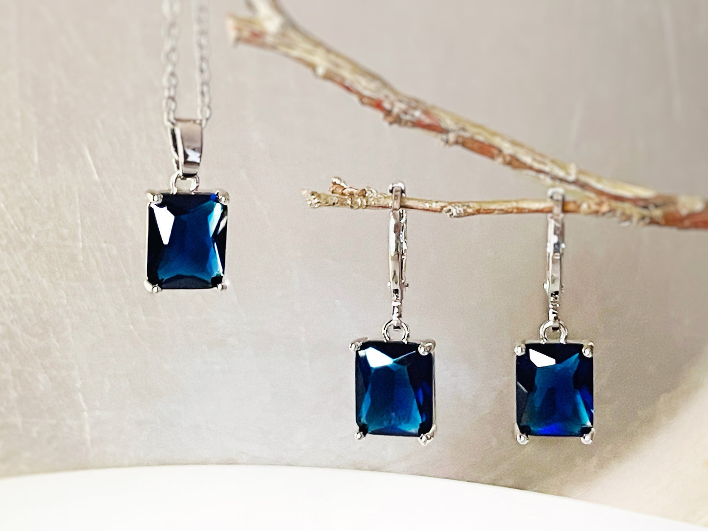 Small emerald cut sapphire 2pc jewelry set, navy blue gemstone earring necklace set, rectangular dangles, gift for women, gift for girls