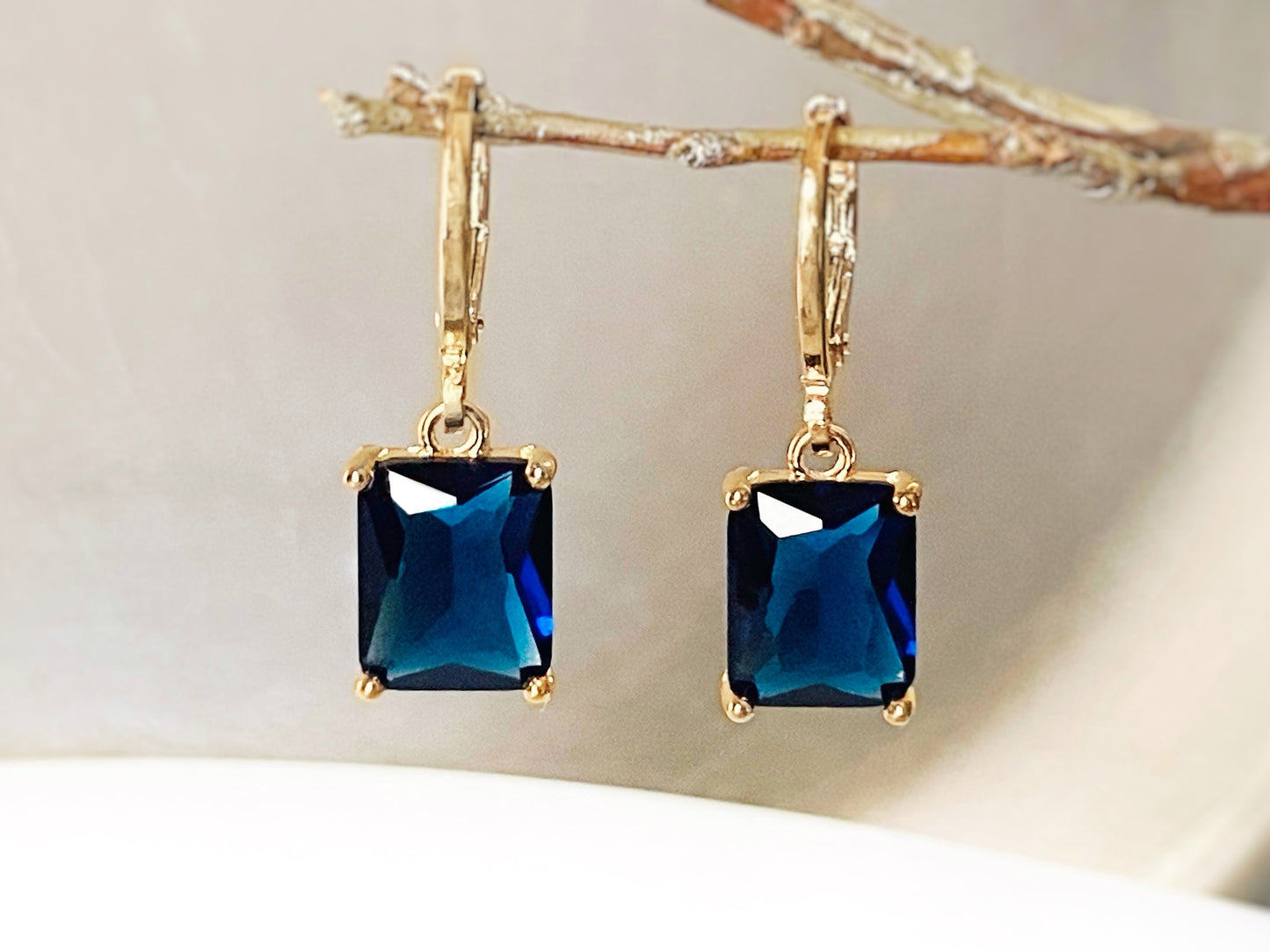 Small emerald cut sapphire 2pc jewelry set, navy blue gemstone earring necklace set, rectangular dangles, gift for women, gift for girls