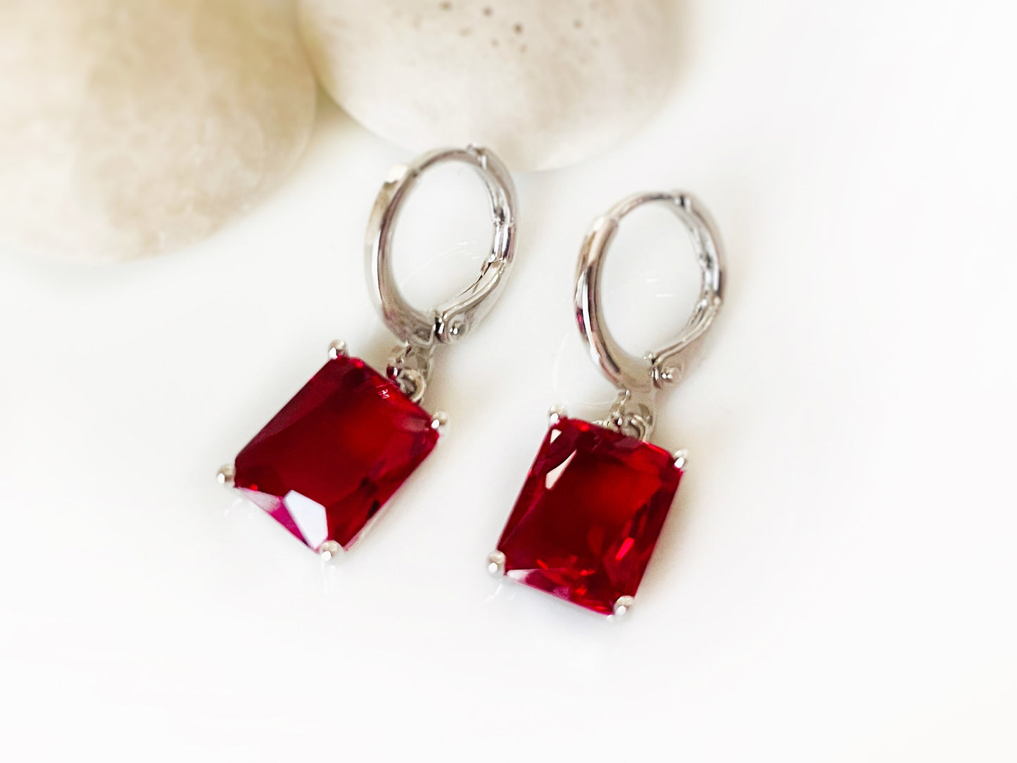 Small emerald cut ruby 2pc jewelry set, red gemstone earring necklace set, rectangular dangle, gift for her, gift for girl, July birthstone