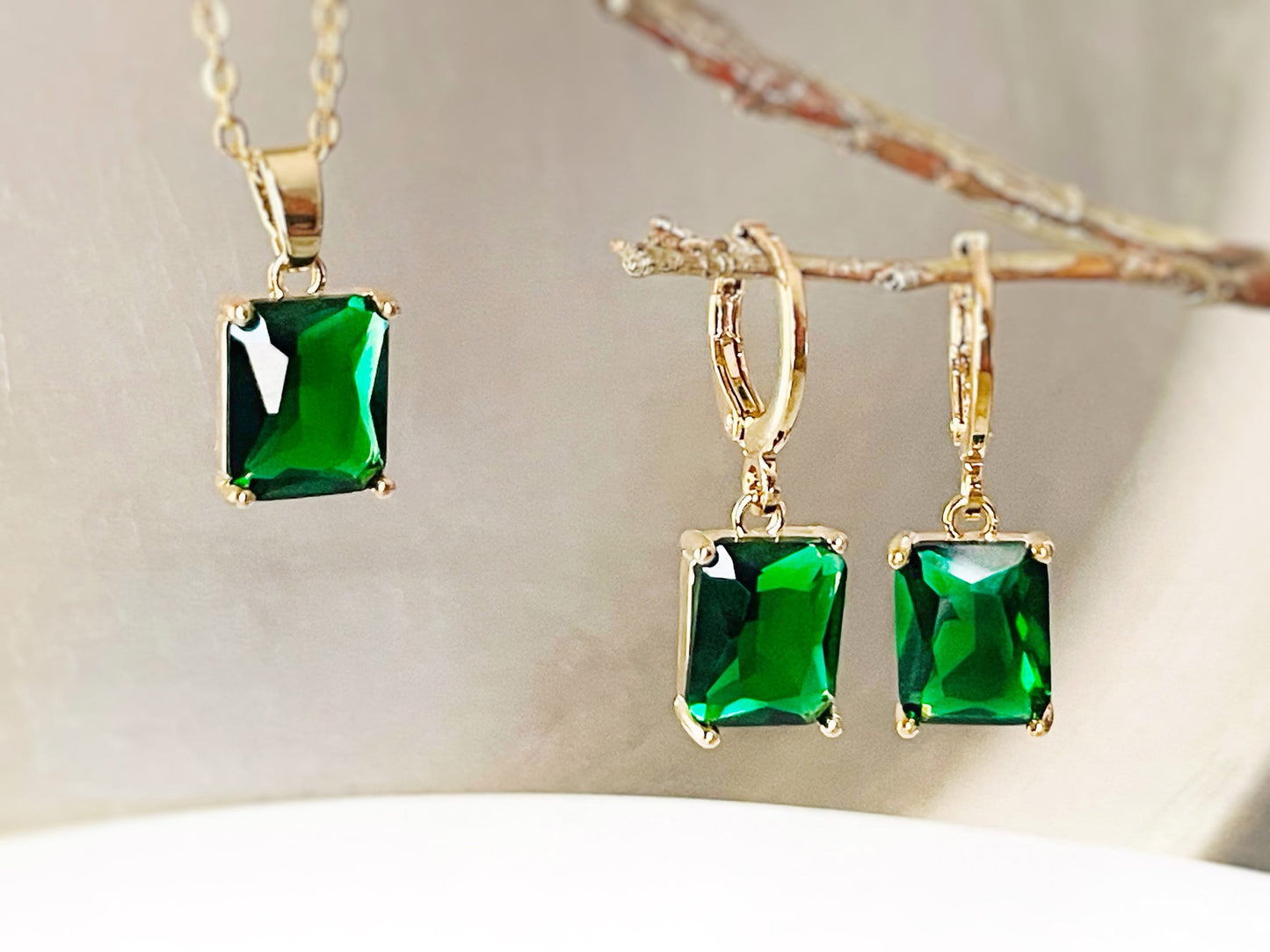 Small emerald cut 2pc jewelry set, emerald green gemstone earring necklace, rectangular dangle, gift for her, gift for girl, May birthstone