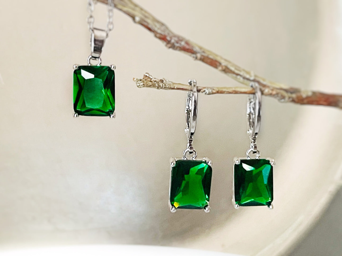 Small emerald cut 2pc jewelry set, emerald green gemstone earring necklace, rectangular dangle, gift for her, gift for girl, May birthstone