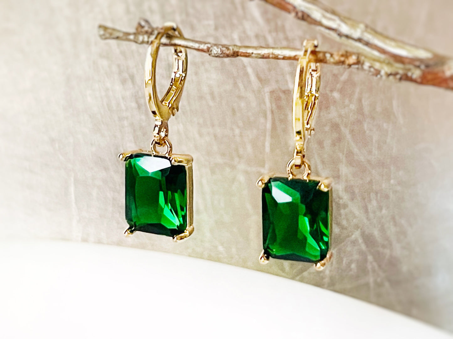 Small emerald cut 2pc jewelry set, emerald green gemstone earring necklace, rectangular dangle, gift for her, gift for girl, May birthstone