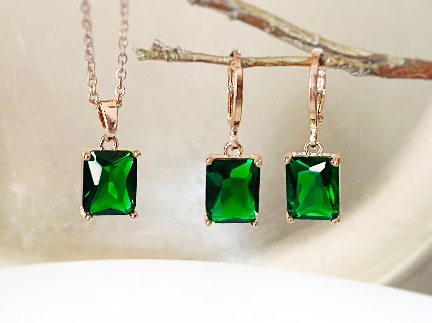 Small emerald cut 2pc jewelry set, emerald green gemstone earring necklace, rectangular dangle, gift for her, gift for girl, May birthstone