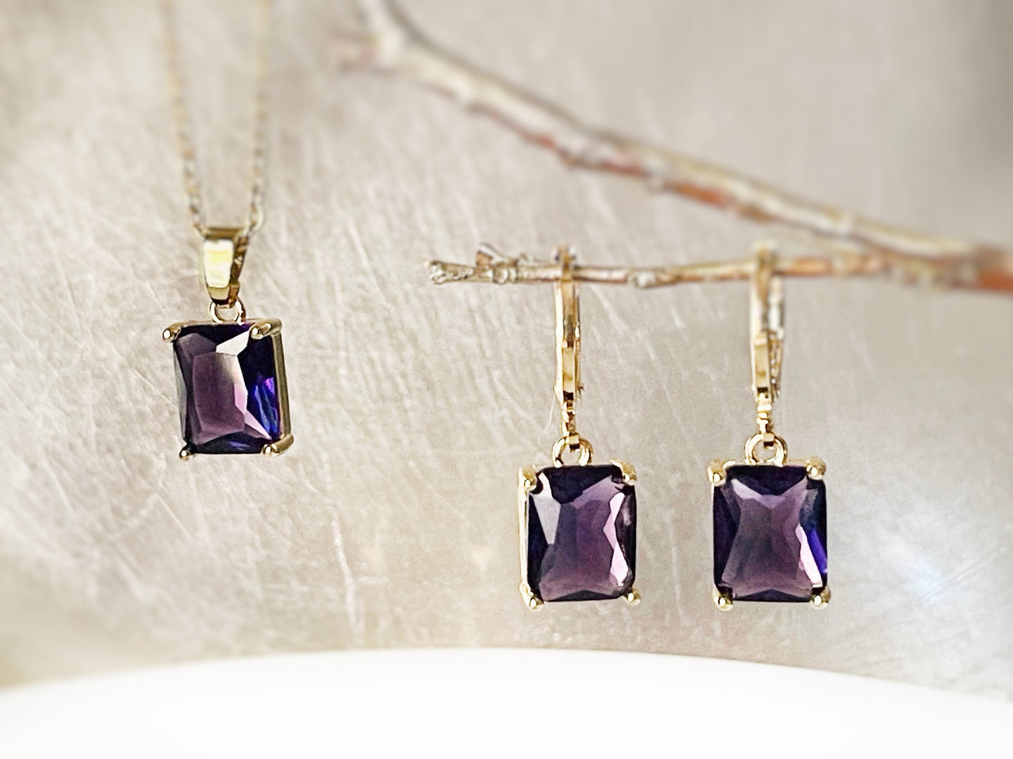 Small emerald amethyst 2pc jewelry set, dark purple rectangular gemstone earring necklace, gift for her, gift for girl, February birthstone