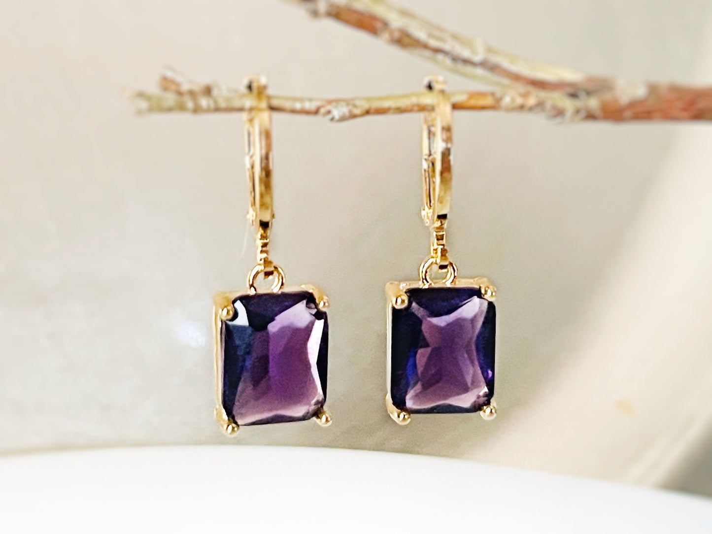 Small emerald amethyst 2pc jewelry set, dark purple rectangular gemstone earring necklace, gift for her, gift for girl, February birthstone