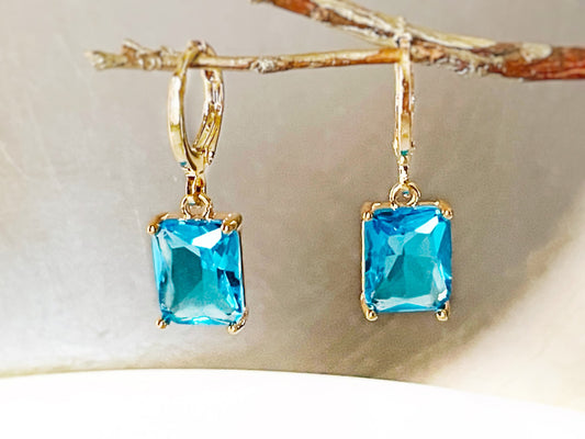 Small emerald cut blue topaz dangle earring, blue gemstone drop earrings, gift for her, gift for girls, December birthstone