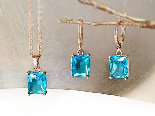 Small emerald cut blue topaz 2pc jewelry set, blue gemstone earring necklace set, December birthstone, gift for her, bridesmaid gift