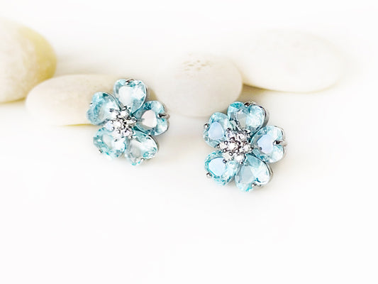 aquamarine flower stud earrings, light blue gemstone flower stud earrings, statement  studs,  march birthstone, gift for mom, gift for her