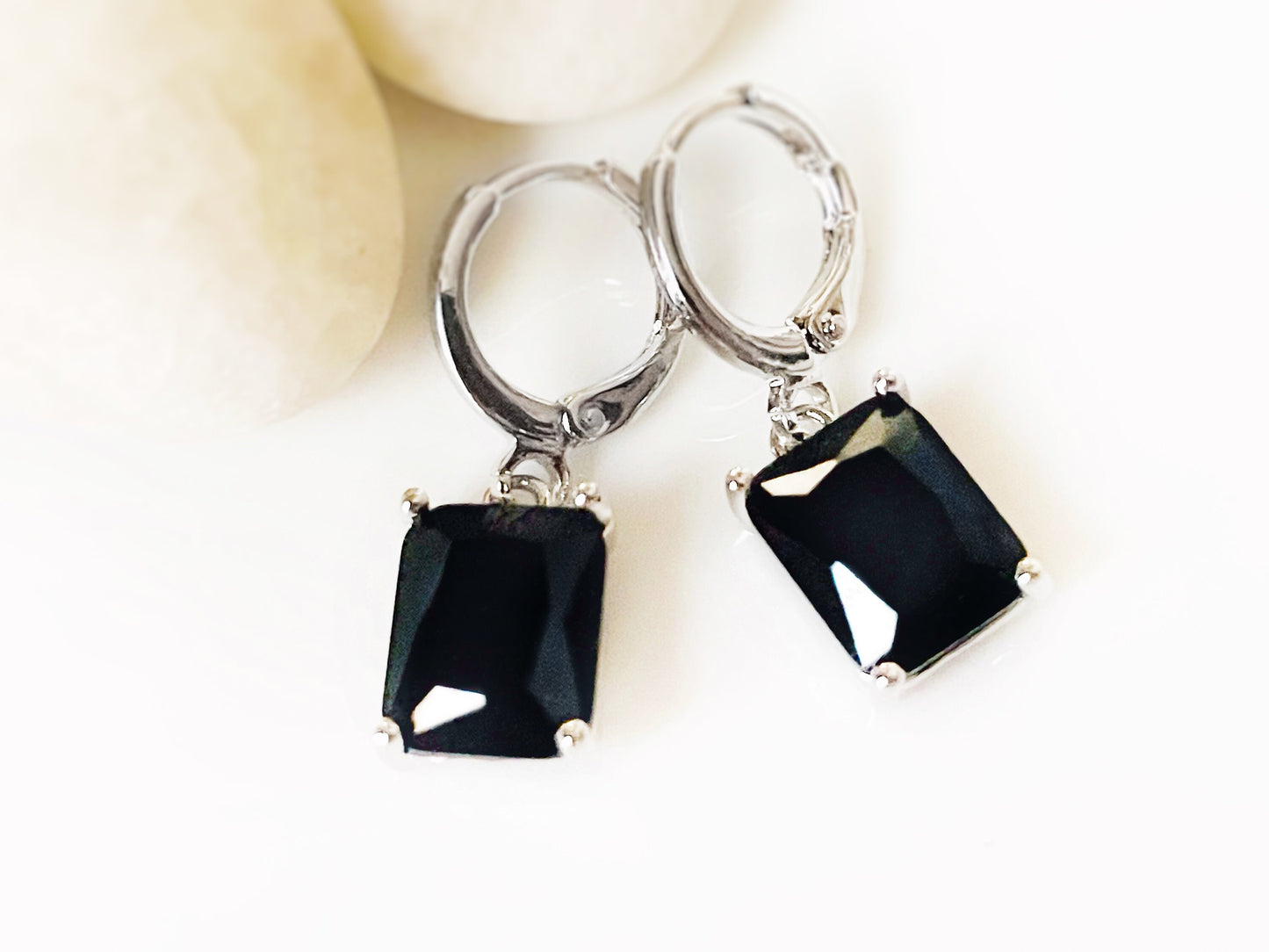 Small emerald cut onyx 2pc jewelry set, black gemstone earring necklace set, rectangular dangles, gift for women, gift for girls