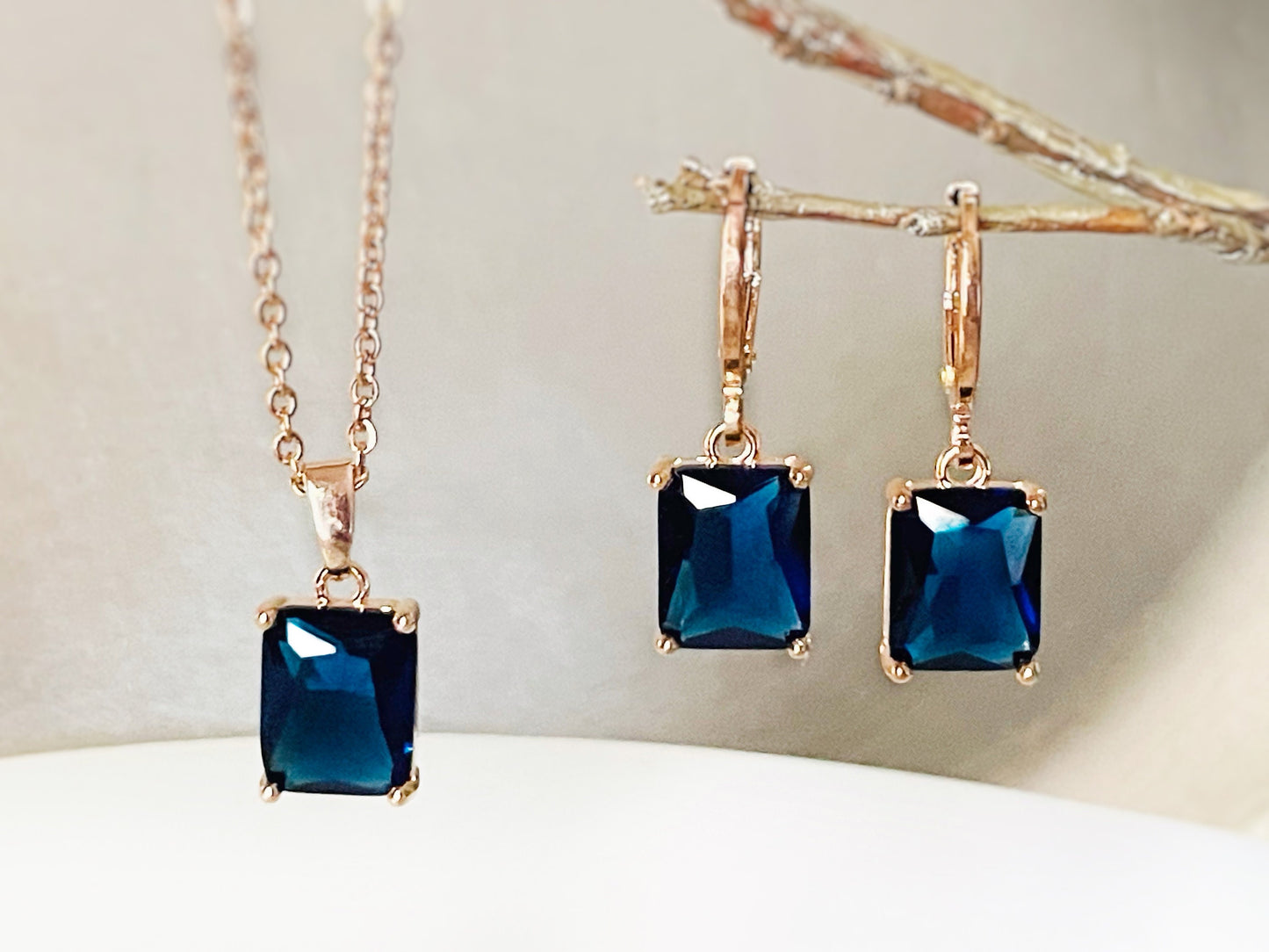 Small emerald cut sapphire 2pc jewelry set, navy blue gemstone earring necklace set, rectangular dangles, gift for women, gift for girls