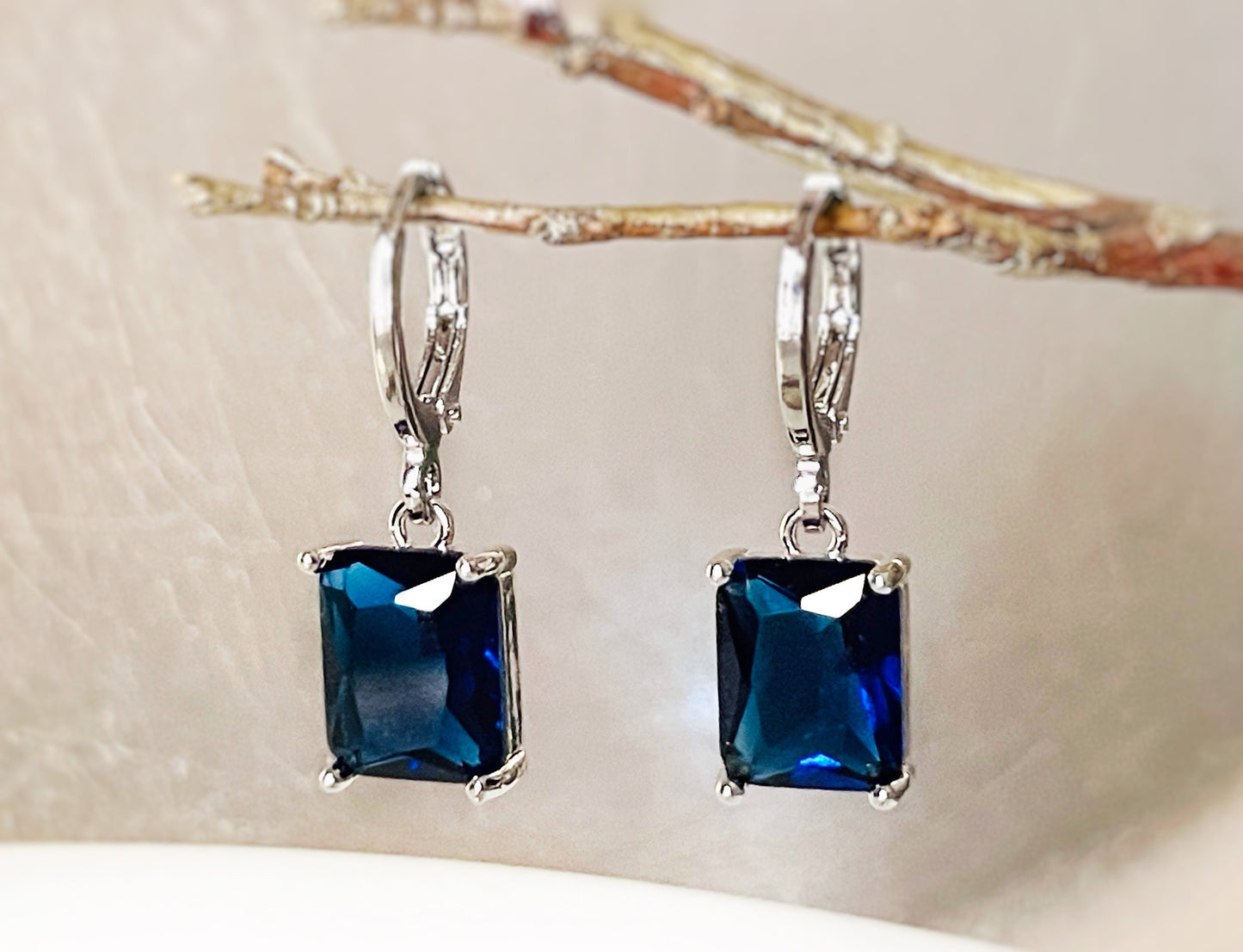 Small emerald cut sapphire 2pc jewelry set, navy blue gemstone earring necklace set, rectangular dangles, gift for women, gift for girls