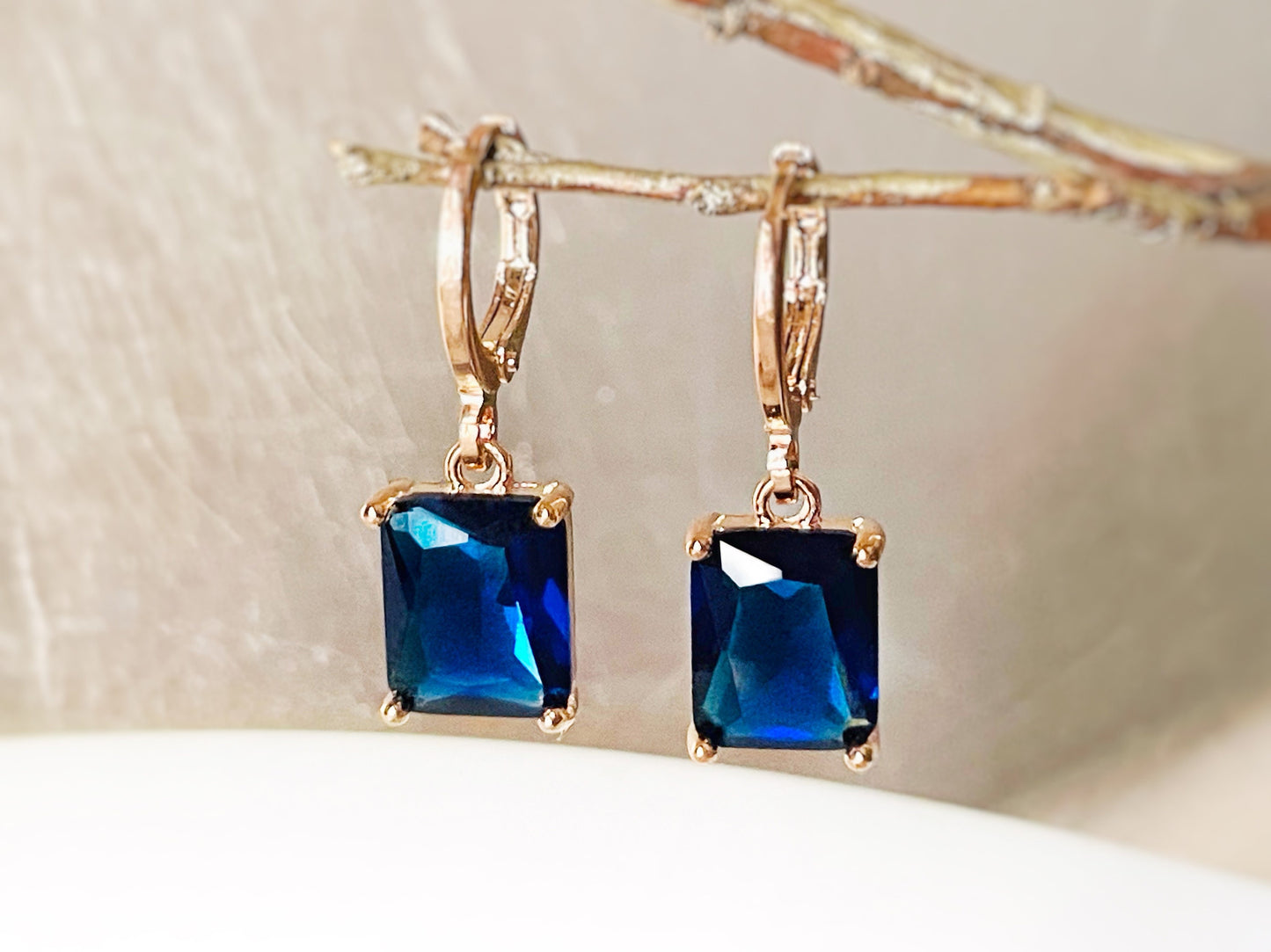 Small emerald cut sapphire 2pc jewelry set, navy blue gemstone earring necklace set, rectangular dangles, gift for women, gift for girls