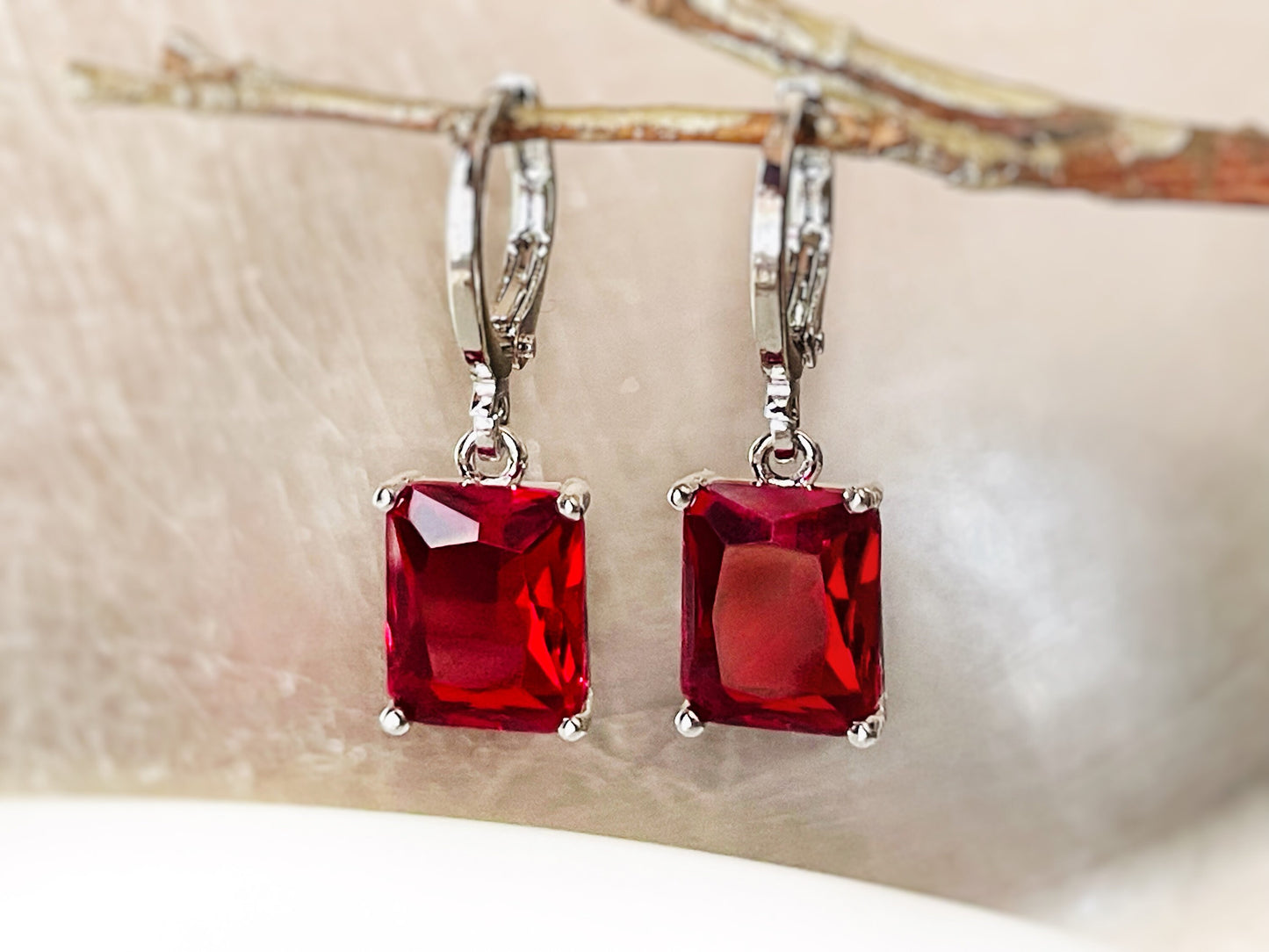 Small emerald cut ruby 2pc jewelry set, red gemstone earring necklace set, rectangular dangle, gift for her, gift for girl, July birthstone