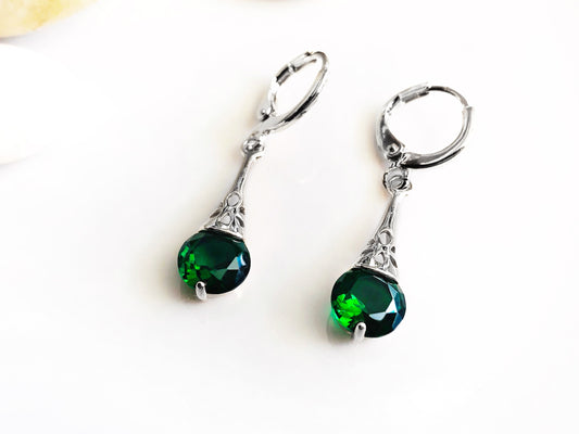 Emerald filigree dangle earrings, small green gemstone filigree drop earrings, gift for her, gift for daughter, May birthstone