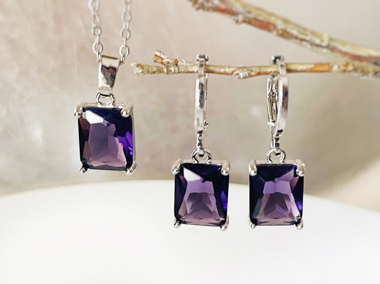 Small emerald amethyst 2pc jewelry set, dark purple rectangular gemstone earring necklace, gift for her, gift for girl, February birthstone