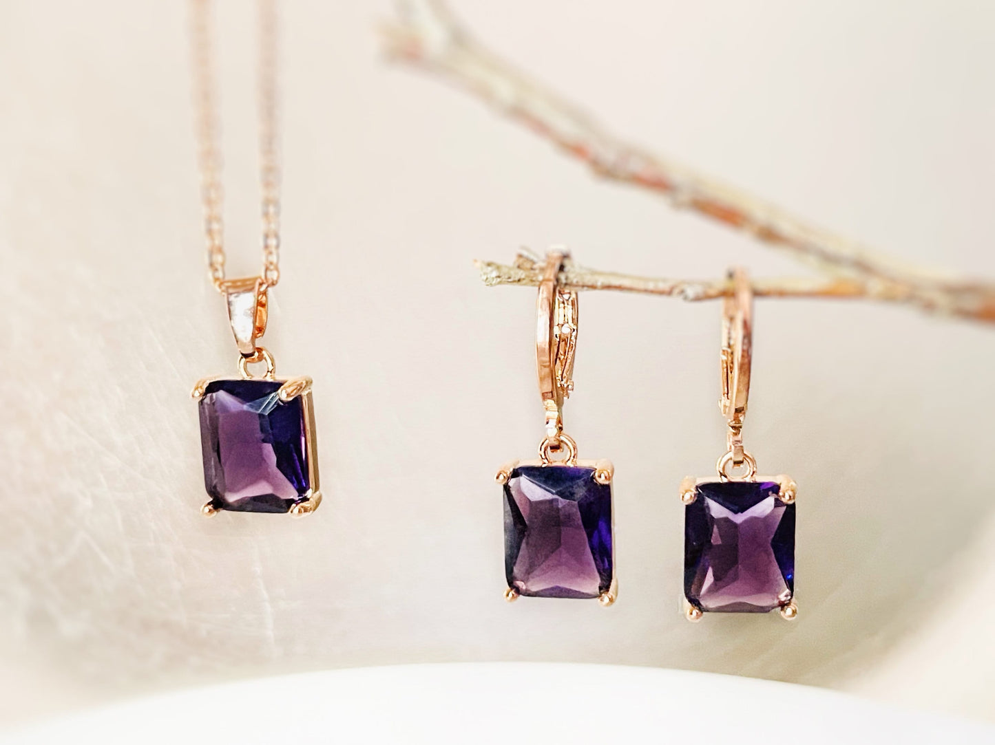 Small emerald amethyst 2pc jewelry set, dark purple rectangular gemstone earring necklace, gift for her, gift for girl, February birthstone