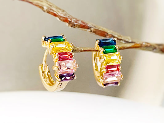 Small Rainbow Gemstone Hoop Earrings Gold, Multicolor Gemstone Hoop earrings, Gift For Her, Gift For girls