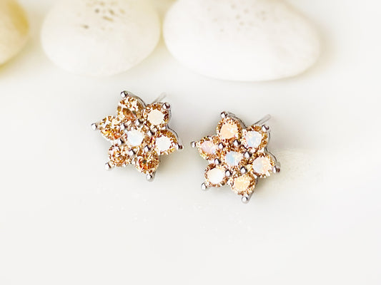 Small honey topaz flower stud earrings, small red gemstone cluster floral studs, November birthstone, gift for women, gift for girls