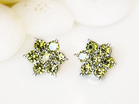 Small peridot flower stud earrings, small olive green gemstone cluster floral studs, August birthstone, gift for women, gift for girls