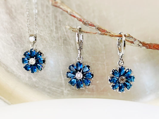 Daisy sapphire dangle earrings, blue sapphire flower 2pc jewelry set, September birthstone earring, gift for mom, gift for her