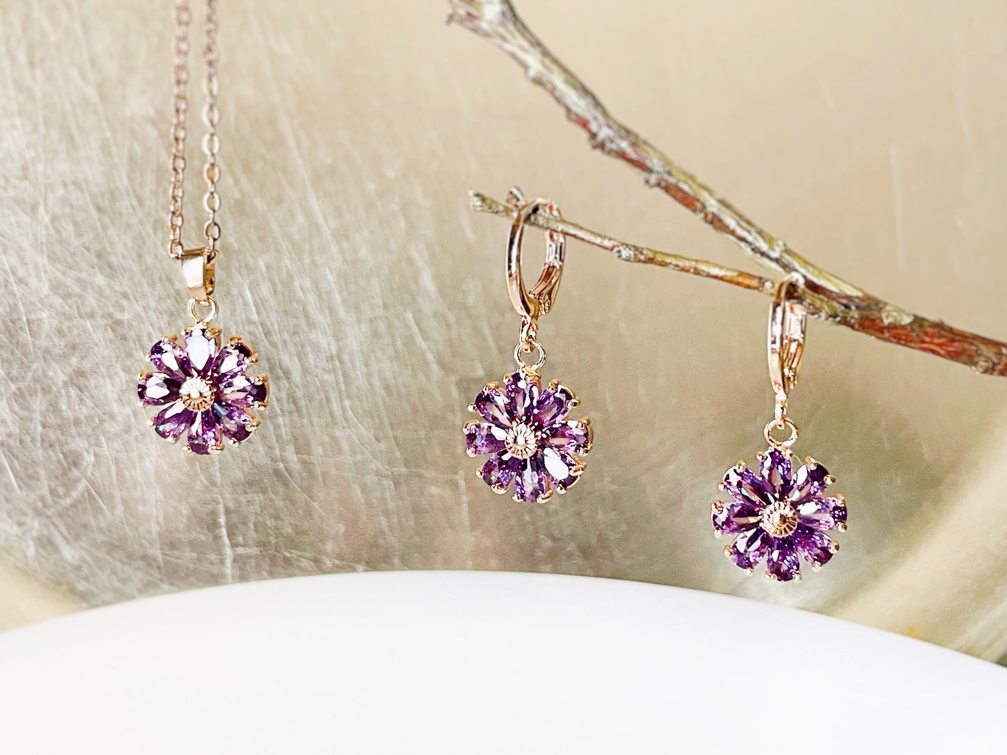 Amethyst purple daisy flower 2pc jewelry set